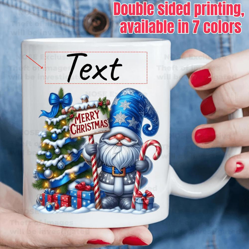 Tailorly White Ceramic 11 oz Mug - Text Merry Christmas Festive Gnome Standing Beside Decorated Evergreen Tree With Colorful Wrapped Gifts Gnome