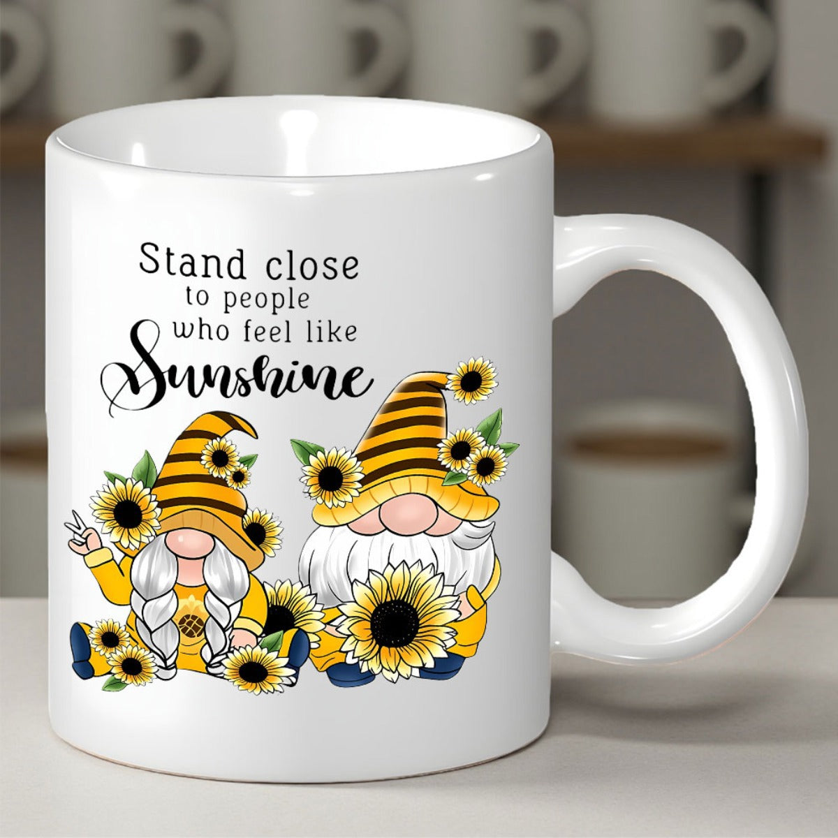 Tailorly White Ceramic 11 oz Mug - Stand Close To People Who Feel Like Sunshine Two Adorable Garden Gnomes Wearing Striped Hats With Vibrant Sunflowers Gnome
