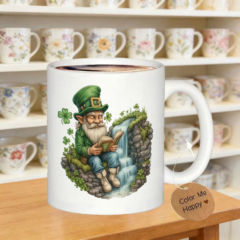 Tailorly White Ceramic 11 oz Mug - Color Me Happy Reading A Book Beside A Flowing Small Mountain Waterfall Leprechaun