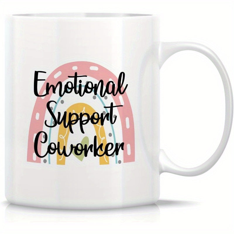 Tailorly White Ceramic 11 oz Mug - Emotional Support Coworker Boho Style Pastel Rainbow With Heart Elements Printed On Ceramic