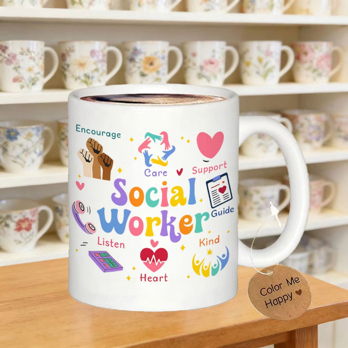 Tailorly White Ceramic 11 oz Mug - Social Worker Encourage Care Support Listen Kind Heart Guide Uplifting Colorful Icons Representing Professional Community Care