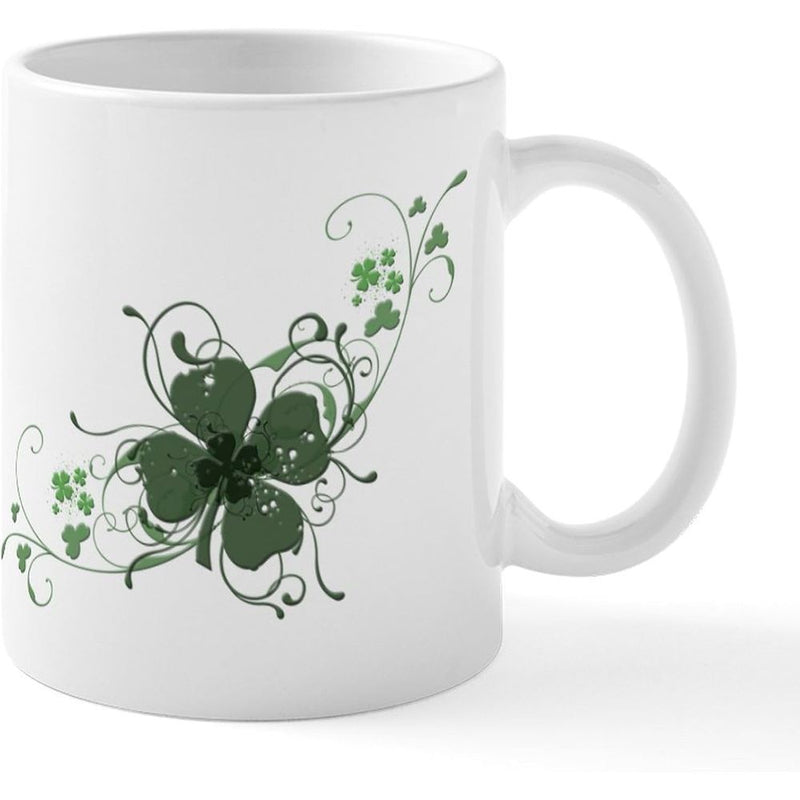 Tailorly White Ceramic 11 oz Mug - Artistic Green Four Leaf Clover With Elegant Swirls And Vine Details Luck Clover