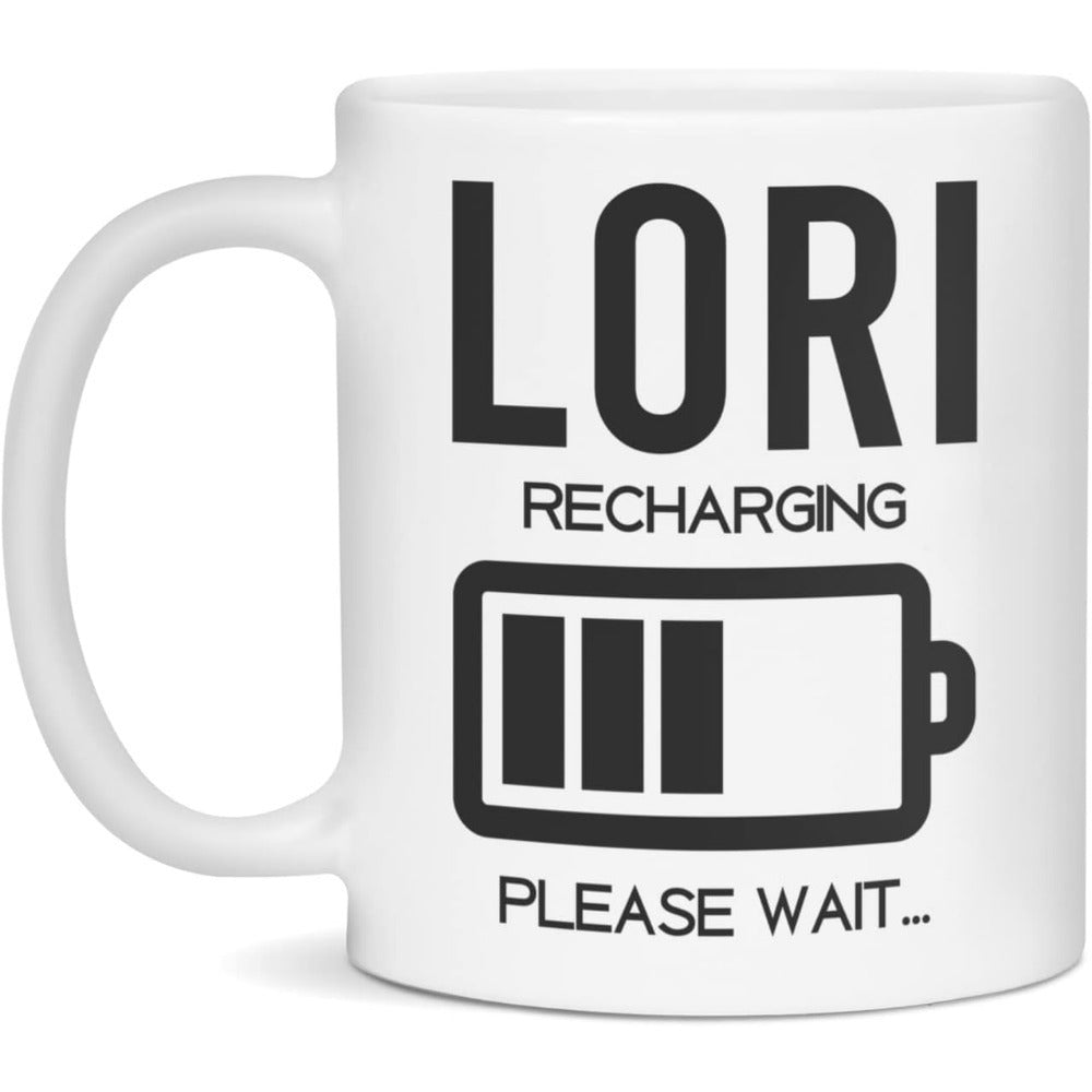 Tailorly White Ceramic 11 oz Mug - Lori Recharging Please Wait Minimalist Electronic Charging Icon With Three Bars On A White Surface Battery