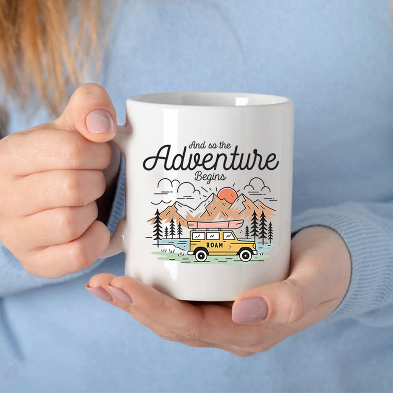 Tailorly White Ceramic 11 oz Mug - And So The Adventure Begins Yellow Off Road Vehicle Carrying Surfboard Near Pine Trees Mountains SUV