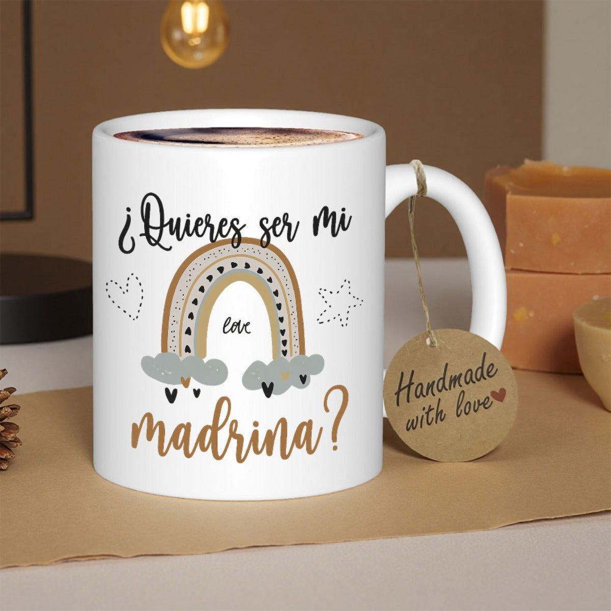 Tailorly White Ceramic 11 oz Mug - Earthy Tone Rainbow With Small Hearts And Clouds In Minimalist Style Rainbow
