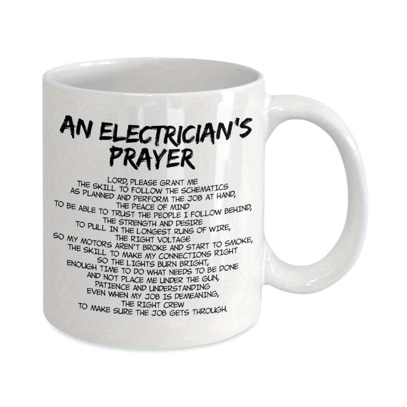 Tailorly White Ceramic 11 oz Mug - An Electrician's Prayer Bold Black Typographic Text Printed On A Clean Minimalist Background Design Sign