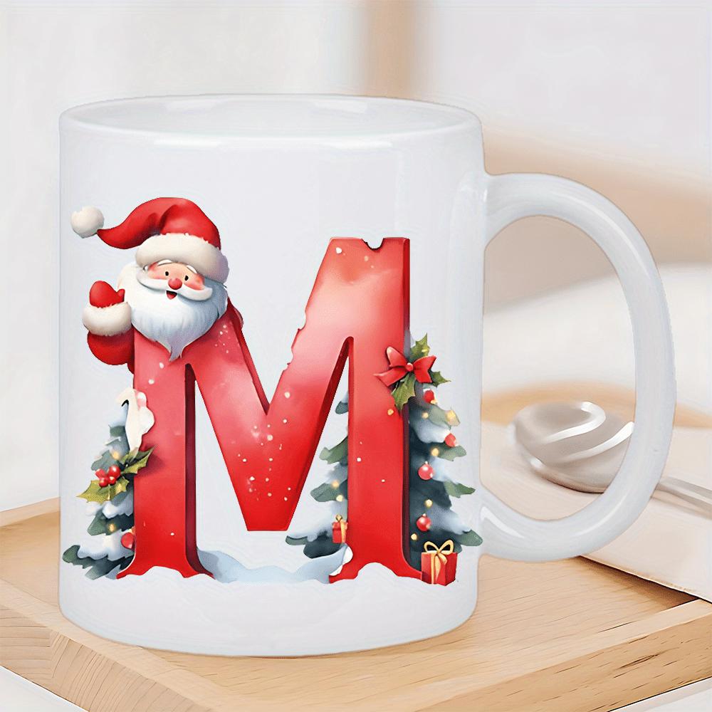 Tailorly White Ceramic 11 oz Mug - M Festive Santa Claus Peeking Behind Large Red Snowy Letter Character Letter M