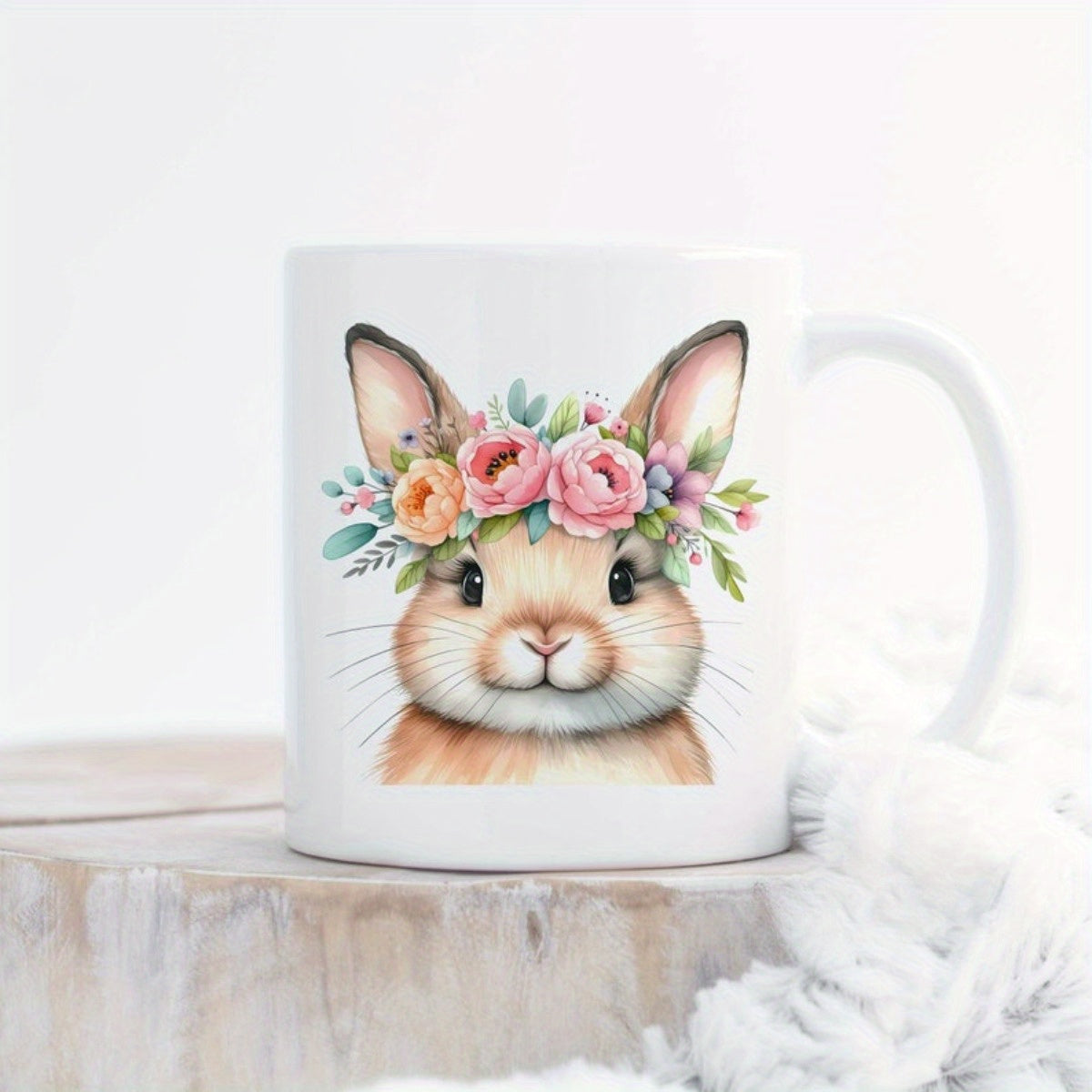 Tailorly White Ceramic 11 oz Mug - Watercolor Style Cute Bunny Wearing Vibrant Blooming Floral Spring Crown Rabbit