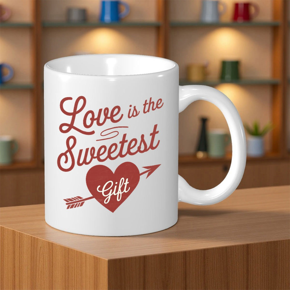 Tailorly White Ceramic 11 oz Mug - Love Is The Sweetest Gift Classic Red Romantic Symbol With Piercing Cupid Arrow Design Heart