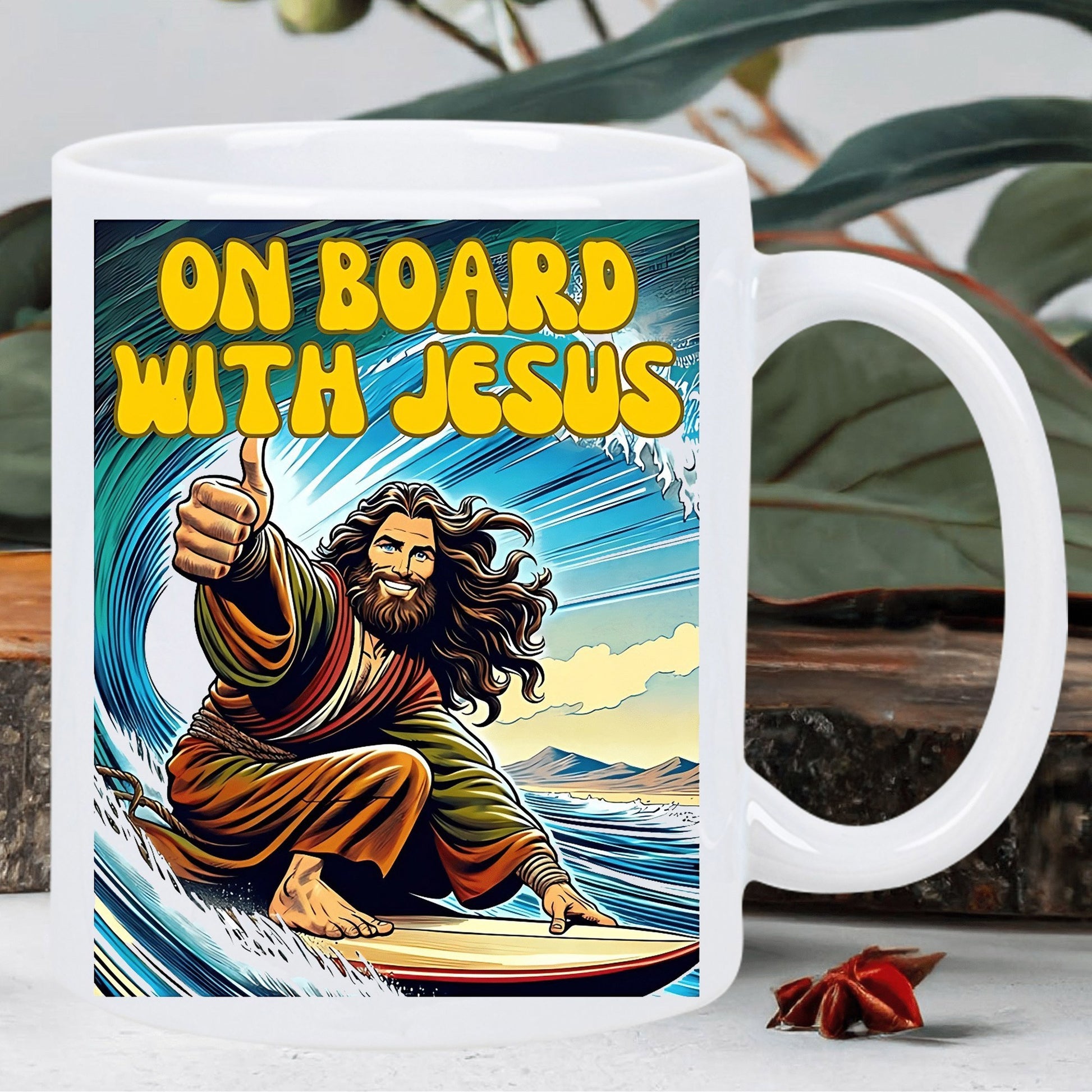 Tailorly White Ceramic 11 oz Mug - On Board With Jesus Majestic Figure Surfing Among Blue Ocean Waves Giving Thumbs Up Jesus