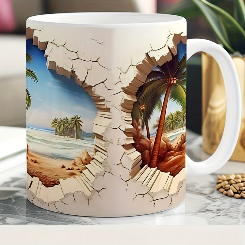 Tailorly White Ceramic 11 oz Mug - Tropical Scenery Under Blue Sky Seen Through Realistic Cracked Wall Landscape