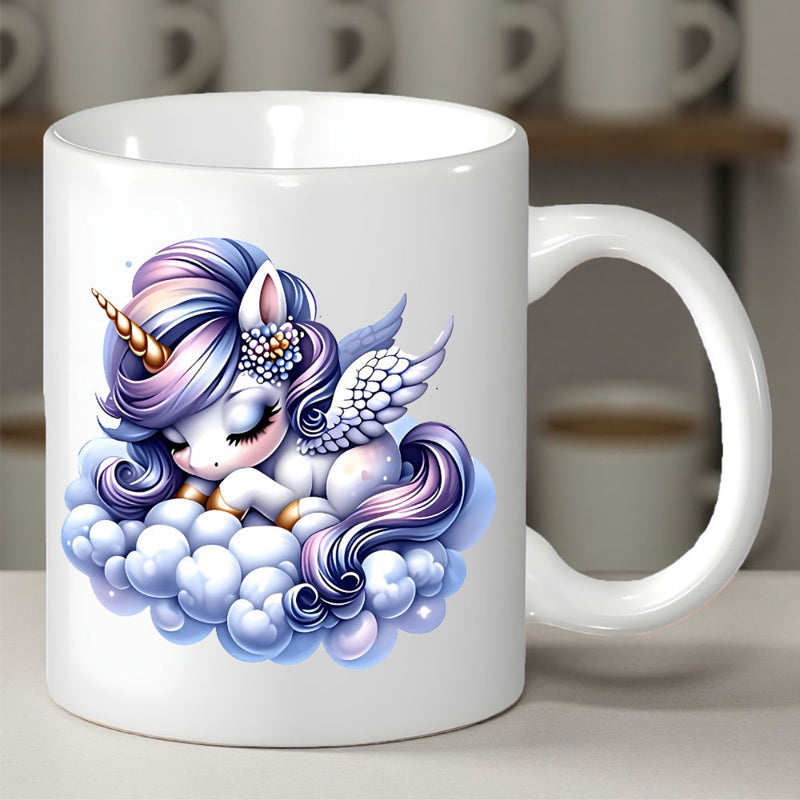 Tailorly White Ceramic 11 oz Mug - Chibi Style Sleeping On Clouds With Purple Mane And Golden Horn Unicorn