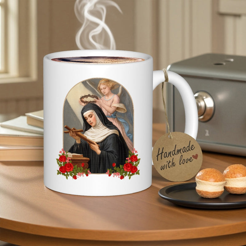 Tailorly White Ceramic 11 oz Mug - Sacred Religious Art Of Devoted Nun Holding Crucifix With Guardian Angel Nun