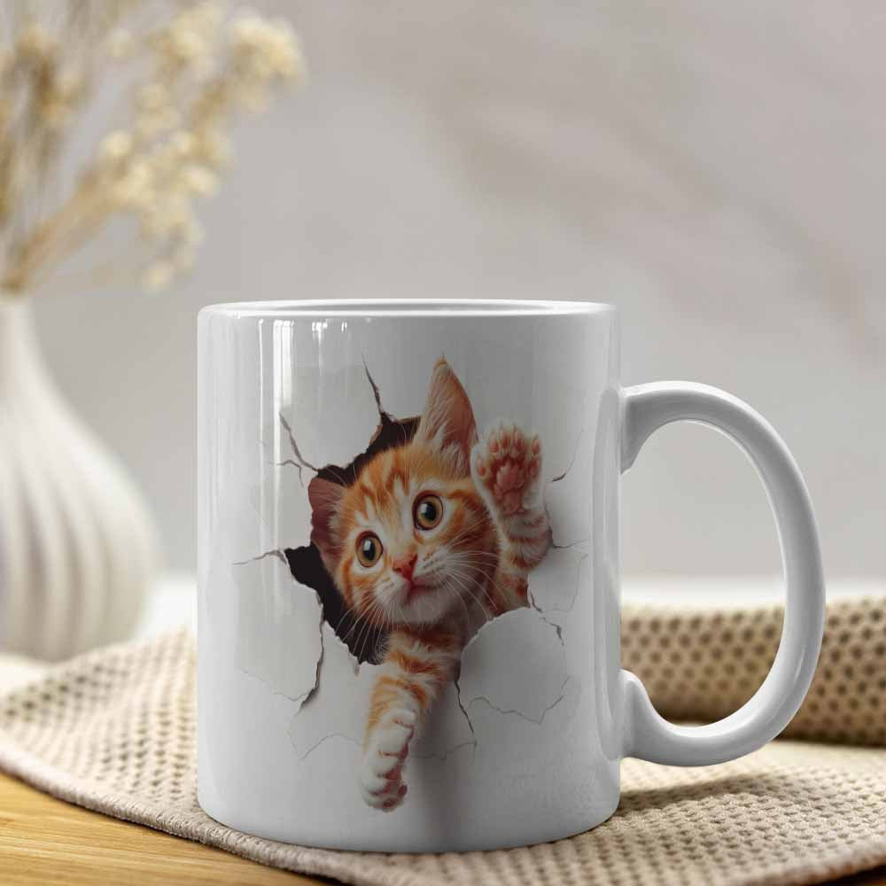 Tailorly White Ceramic 11 oz Mug - Playful Orange Ginger Kitten Breaking Through A White Surface Wall Effect Cat