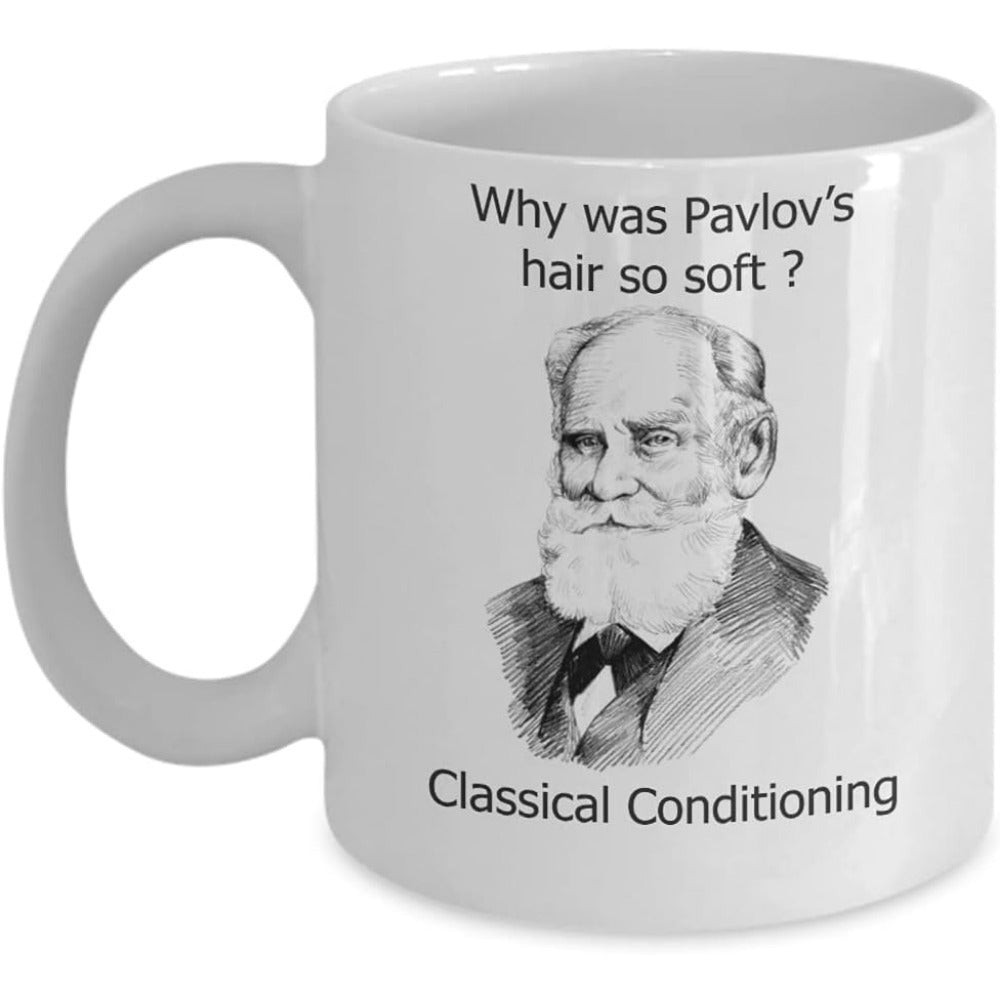 Tailorly White Ceramic 11 oz Mug - Why Was Pavlovs Hair So Soft Classical Conditioning Detailed Hand Drawn Sketch Of A Famous Scientific Historical Figure Portrait