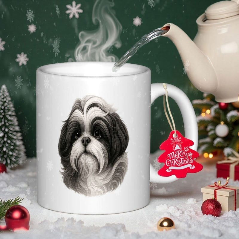 Tailorly White Ceramic 11 oz Mug - Merry Christmas Realistic Black And White Fluffy Portrait With Flowing Long Hair Dog