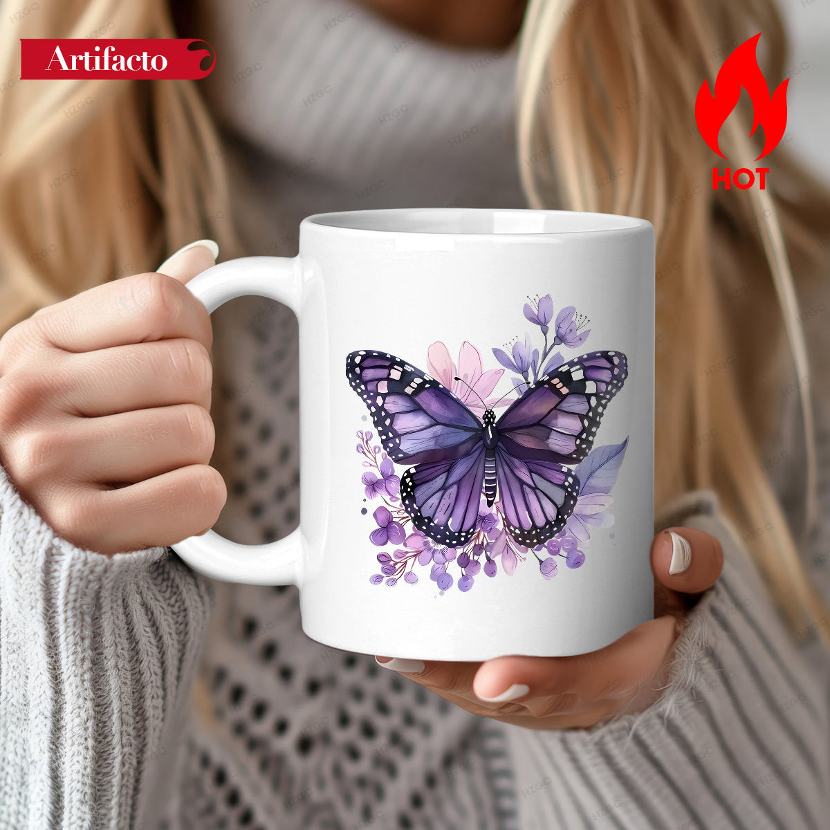 Tailorly White Ceramic 11 oz Mug - Vibrant Purple Wings Resting Among Blooming Lavender And Soft Floral Petals Butterfly