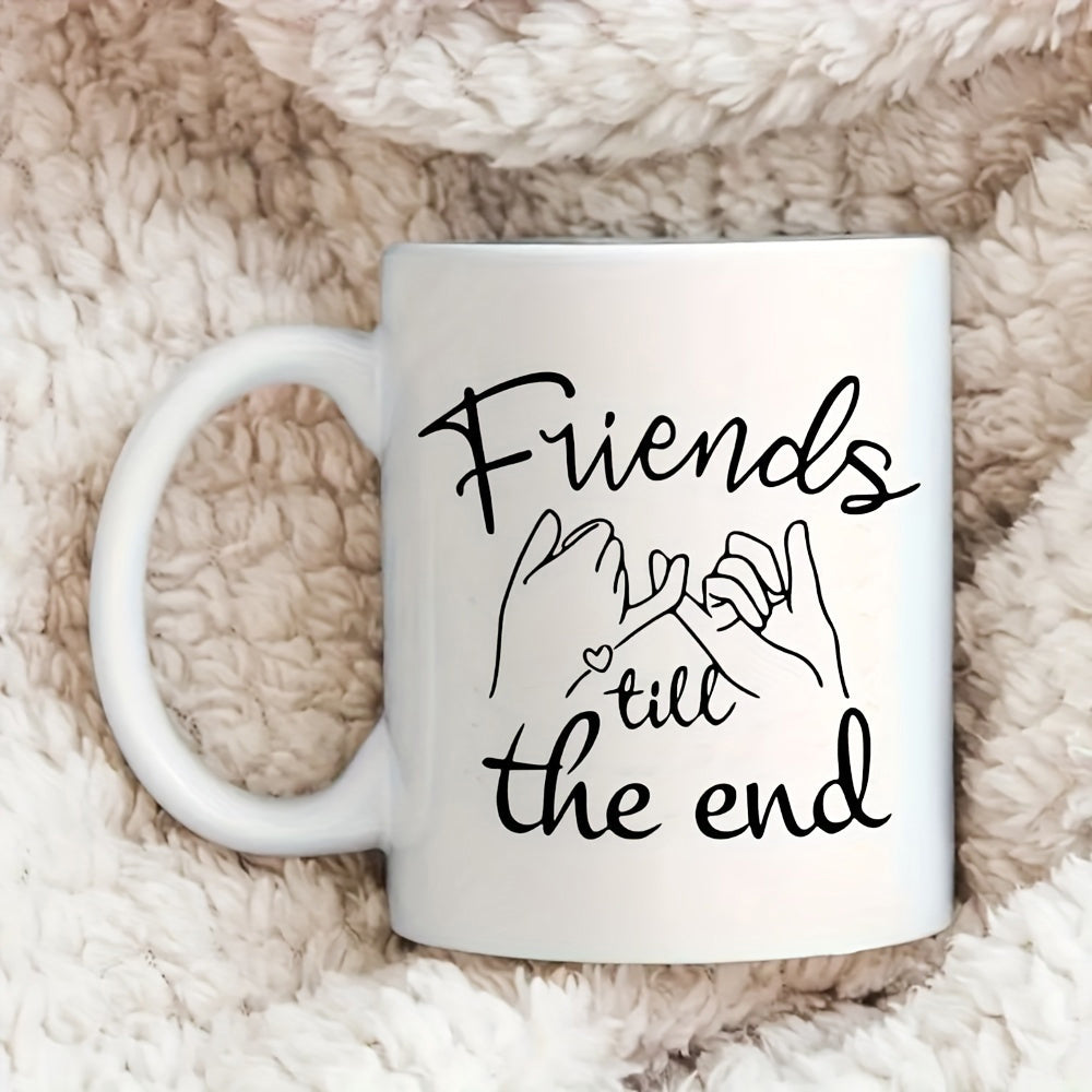 Tailorly White Ceramic 11 oz Mug - Friends Till The End Minimalist Line Drawing Of Hands Making A Pinky Swear Promise