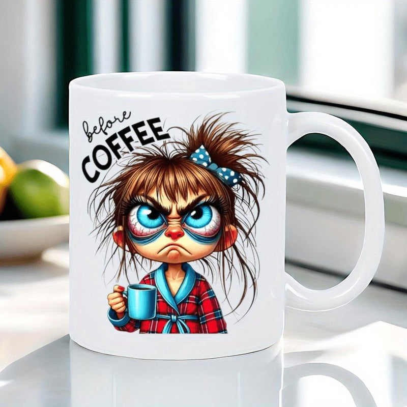 Tailorly White Ceramic 11 oz Mug - Before Coffee Grumpy Messy Haired Character Wearing Red Plaid Robe Holding Small Cup Girl
