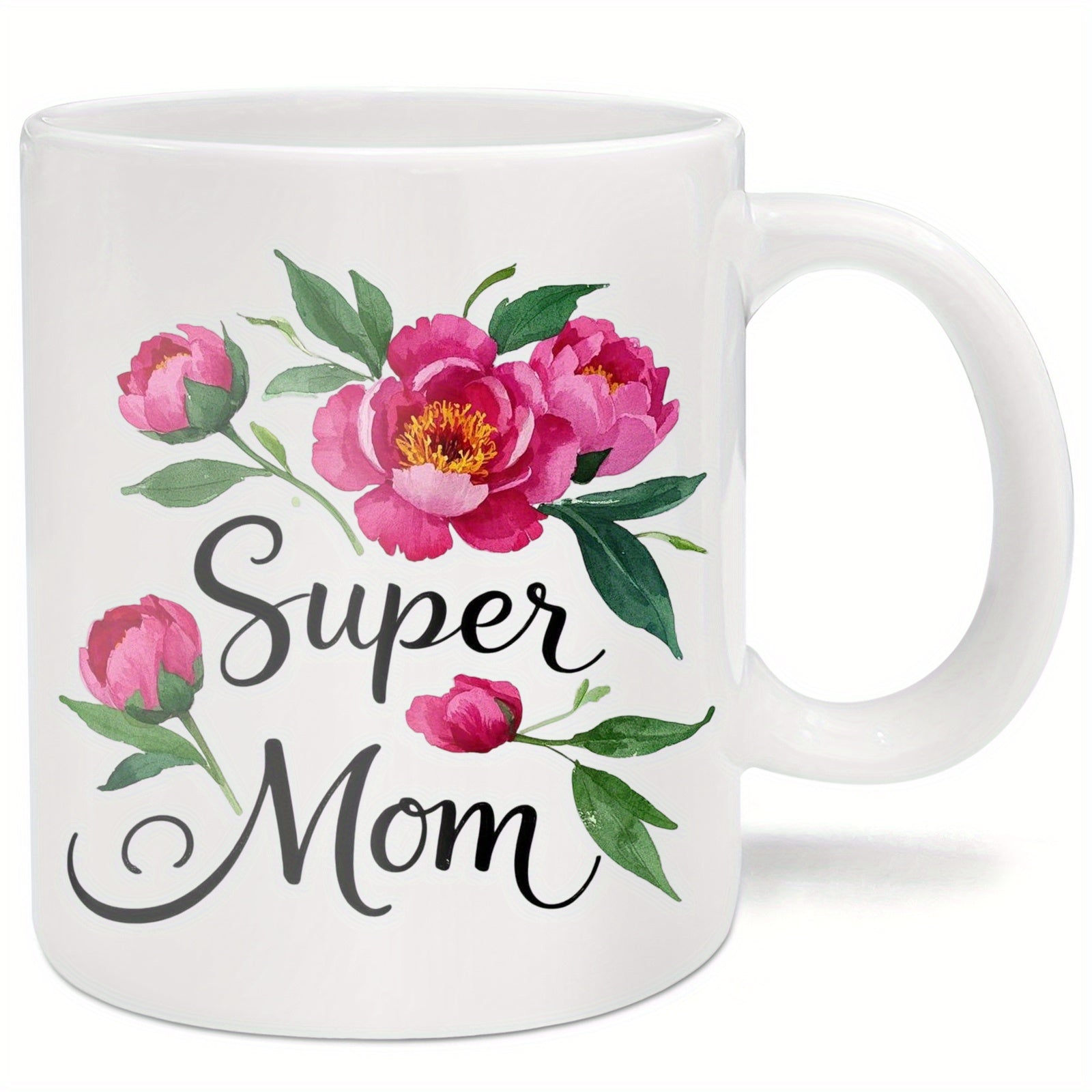 Tailorly White Ceramic 11 oz Mug - Super Mom Beautiful Pink Watercolor Peonies Blooming With Lush Green Leaves Decorative Flower