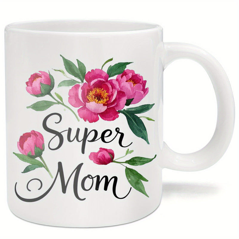 Tailorly White Ceramic 11 oz Mug - Super Mom Beautiful Pink Watercolor Peonies Blooming With Lush Green Leaves Decorative Flower