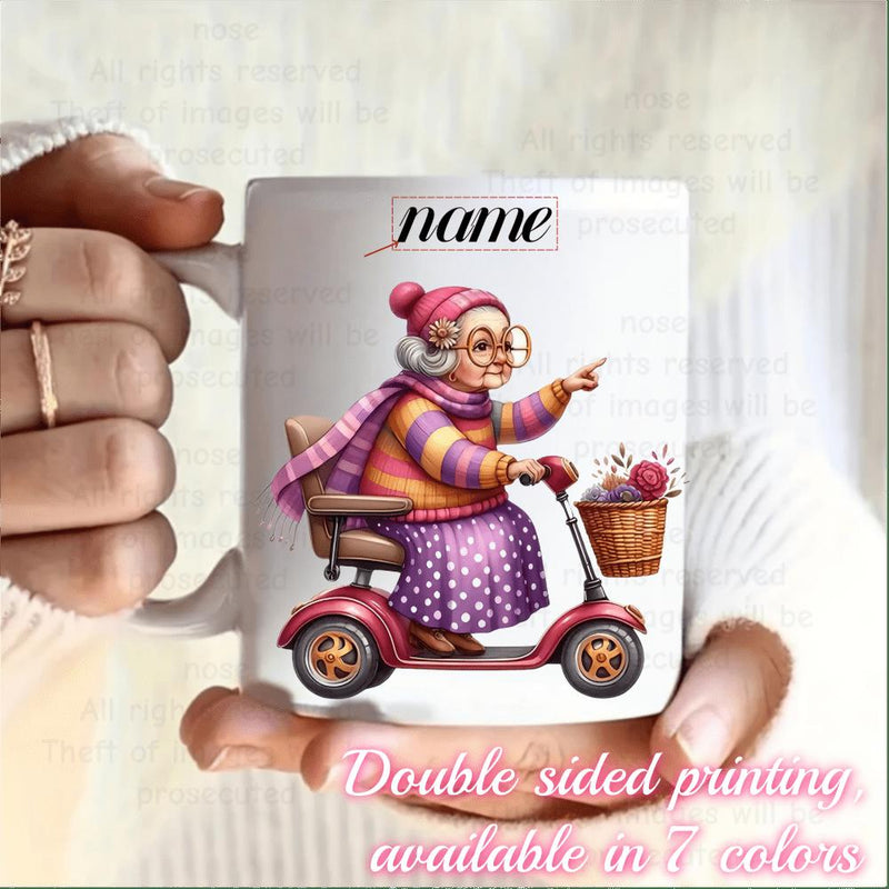 Tailorly White Ceramic 11 oz Mug - Name Elderly Woman Riding A Red Mobility Scooter With Knitting Yarn Basket Grandmother