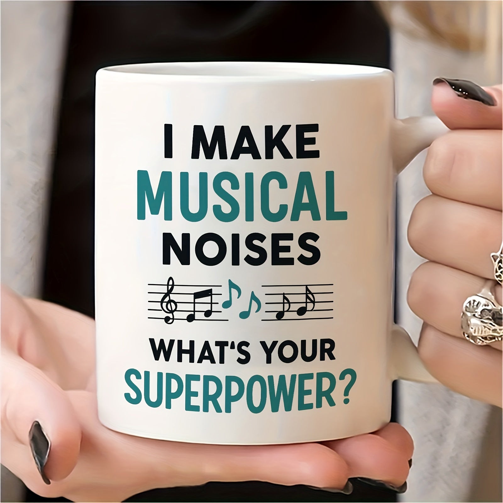 Tailorly White Ceramic 11 oz Mug - I Make Musical Noises Whats Your Superpower Graceful Melodic Symbols Dancing Across A Classic Linear Musical Staff Notes