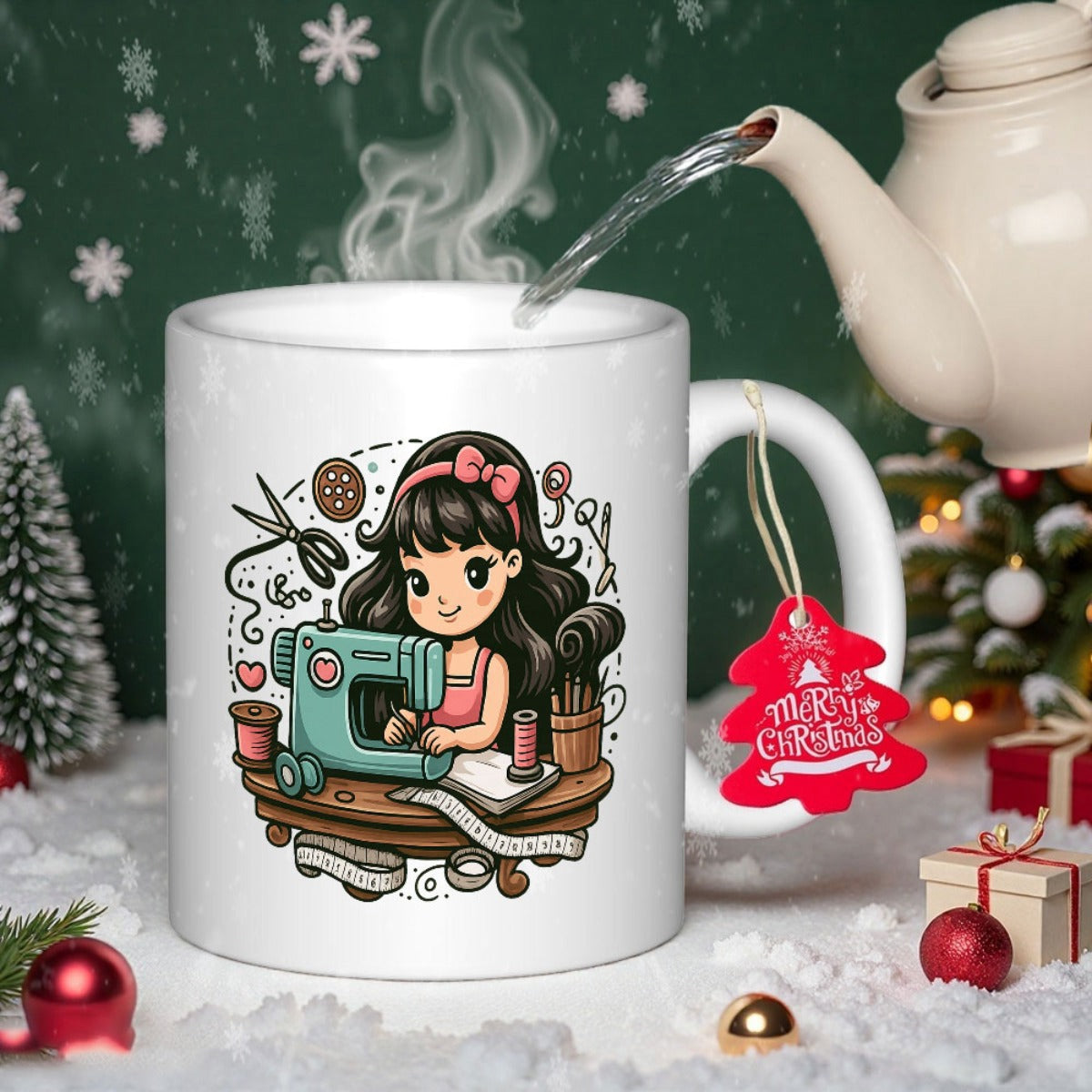 Tailorly White Ceramic 11 oz Mug - Merry Christmas Chibi Girl Sewing On Vintage Machine With Scissors And Thread Girl