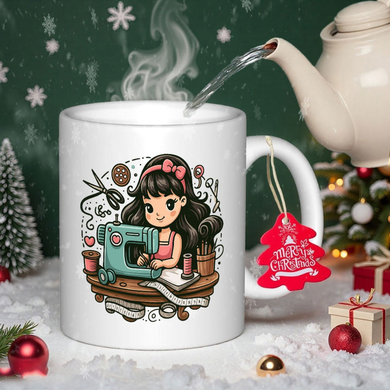 Tailorly White Ceramic 11 oz Mug - Merry Christmas Chibi Girl Sewing On Vintage Machine With Scissors And Thread Girl