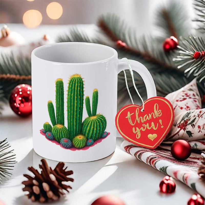 Tailorly White Ceramic 11 oz Mug - Thank You Green Desert Plants Growing Among Stones Under Soft Morning Light Cactus