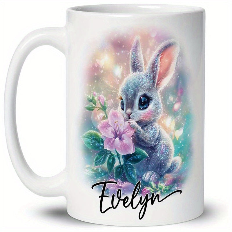 Tailorly White Ceramic 11 oz Mug - Evelyn Adorable Little Rabbit Smelling Purple Flowers Among Soft Dreamy Sparkles Rabbit