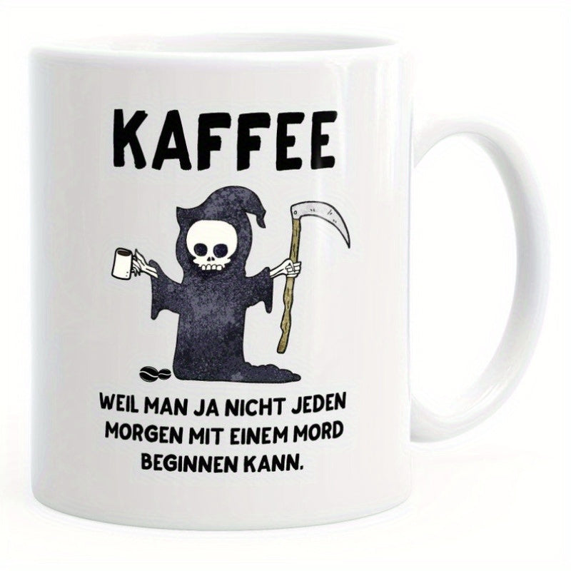 Tailorly White Ceramic 11 oz Mug - Hand Drawn Cartoon Grim Reaper Holding Coffee Cup And Sharp Scythe Reaper