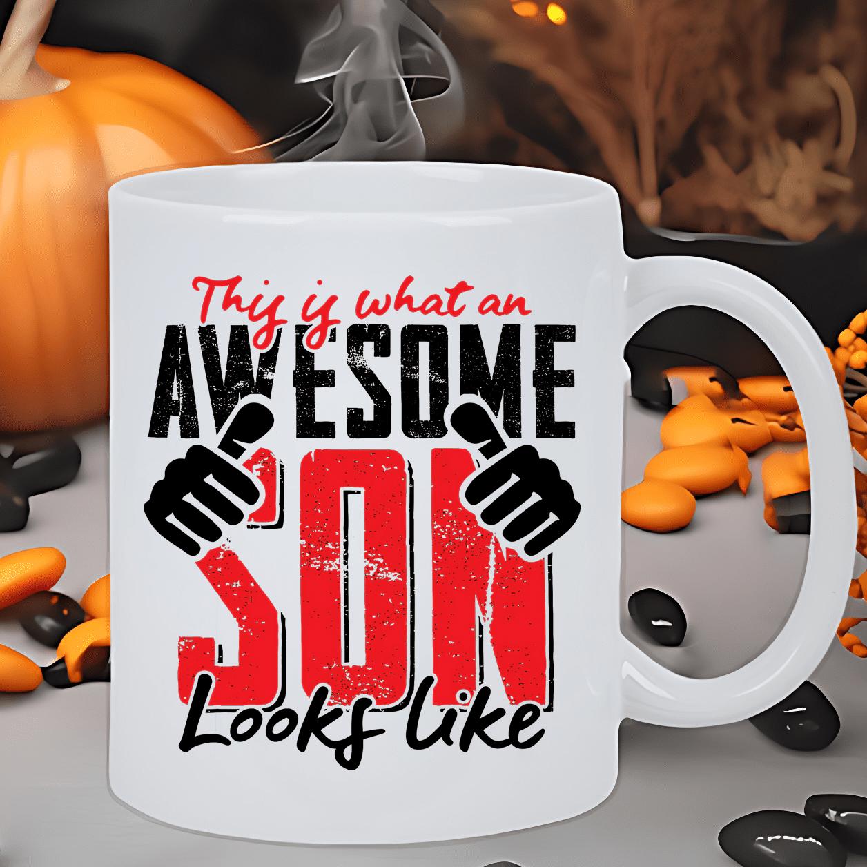 Tailorly White Ceramic 11 oz Mug - This Is What An Awesome Son Looks Like Two Thumbs Up Icons With Bold Distressed Red And Black Lettering Mug