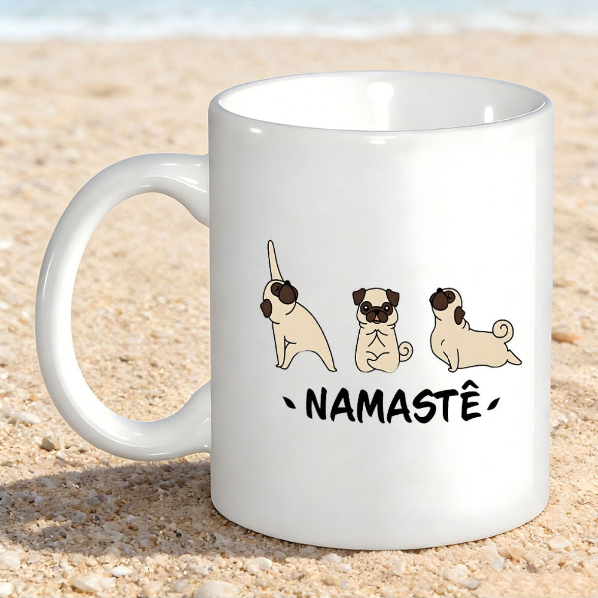 Tailorly White Ceramic 11 oz Mug - Namaste Three Cute Cartoon Dogs Practicing Peaceful Yoga Poses Style Pug
