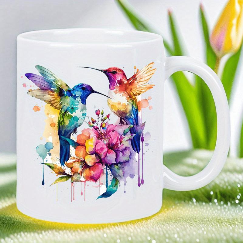 Tailorly White Ceramic 11 oz Mug - Vibrant Watercolor Style Birds Hovering Among Colorful Blooming Flowers In Nature Hummingbird