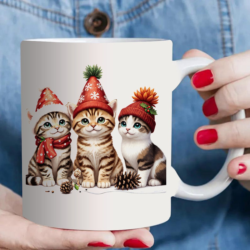 Tailorly White Ceramic 11 oz Mug - Three Cute Kittens Wearing Festive Winter Hats And Soft Red Scarf Cat