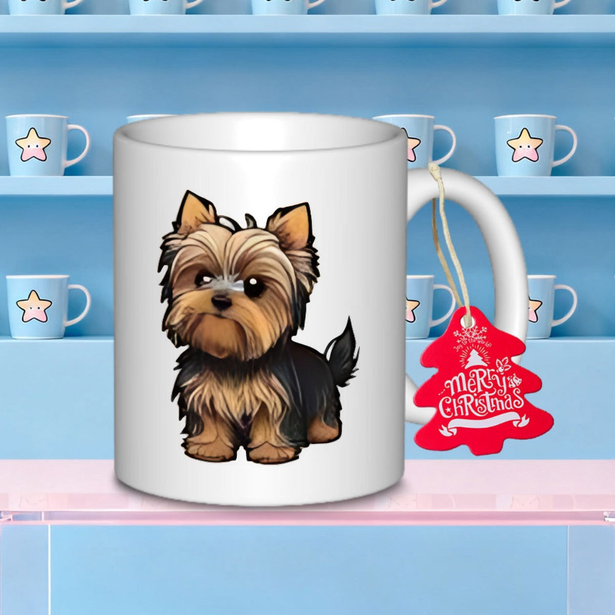 Tailorly White Ceramic 11 oz Mug - Merry Christmas Adorable Cartoon Yorkshire Terrier With Fluffy Fur And Expressive Eyes Yorkie