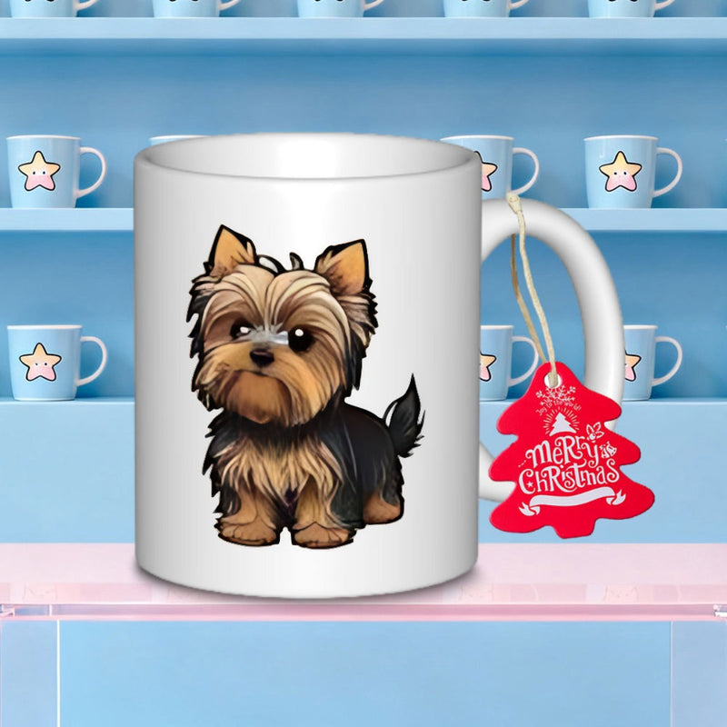Tailorly White Ceramic 11 oz Mug - Merry Christmas Adorable Cartoon Yorkshire Terrier With Fluffy Fur And Expressive Eyes Yorkie