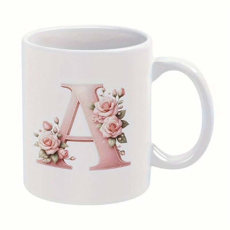 Tailorly White Ceramic 11 oz Mug - A Elegant Pink Rose Blossoms With Green Leaves Surrounding Stylized Serif Letter