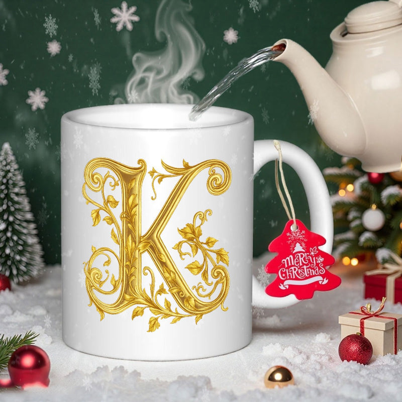 Tailorly White Ceramic 11 oz Mug - K Ornate Gold Filigree Style Featuring Intricate Victorian Floral Vine Elements Letter