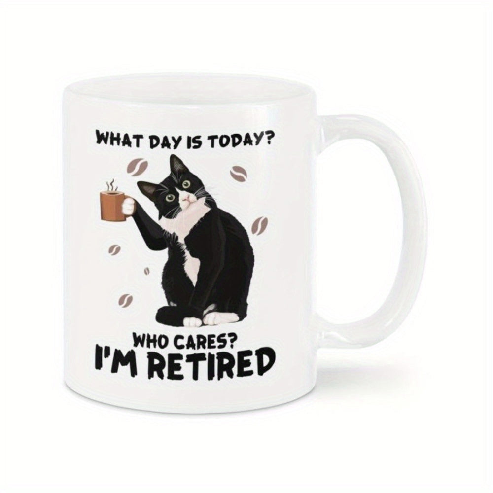 Tailorly White Ceramic 11 oz Mug - What Day Is Today Who Cares Im Retired Tuxedo Cat Holding Steaming Coffee Cup Among Floating Beans Cat