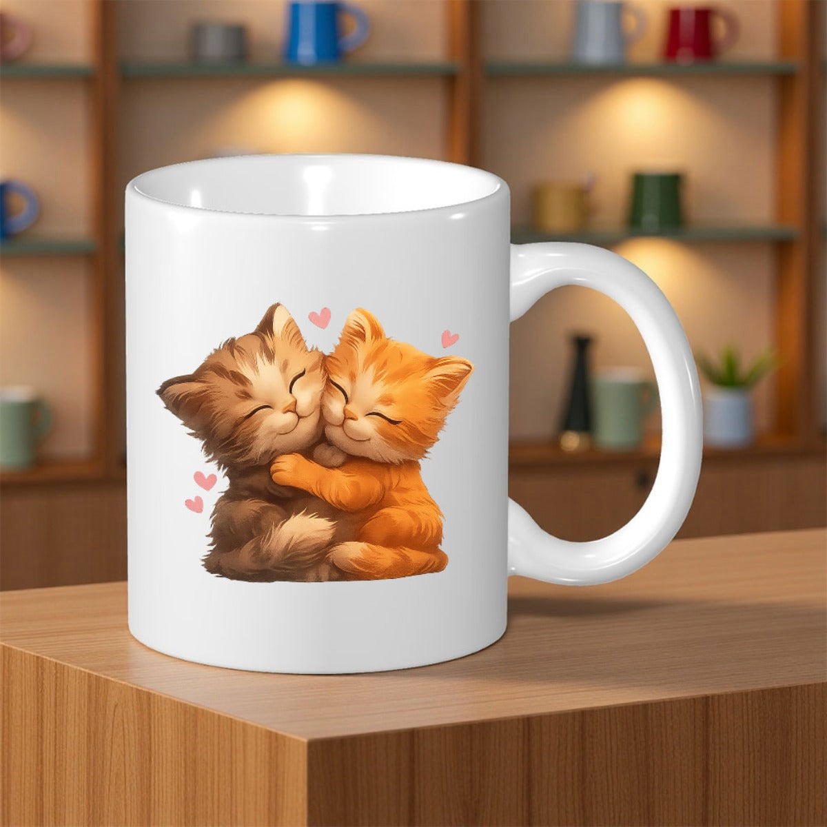 Tailorly White Ceramic 11 oz Mug - Adorable Small Fluffy Cats Hugging Each Other Among Floating Hearts Kittens