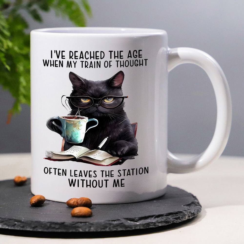 Tailorly White Ceramic 11 oz Mug - I've Reached The Age When My Train Of Thought Often Leaves The Station Without Me Sophisticated Black Cat Wearing Glasses