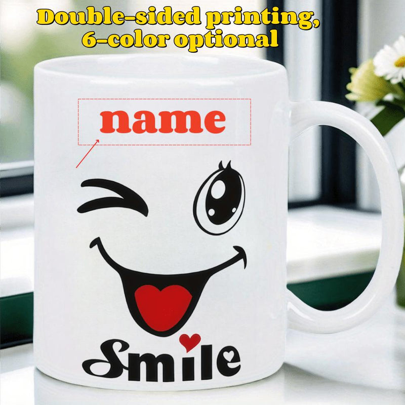 Tailorly White Ceramic 11 oz Mug - Smile Playful Winking Face With Large Sparkling Eye And Red Heart Tongue Face