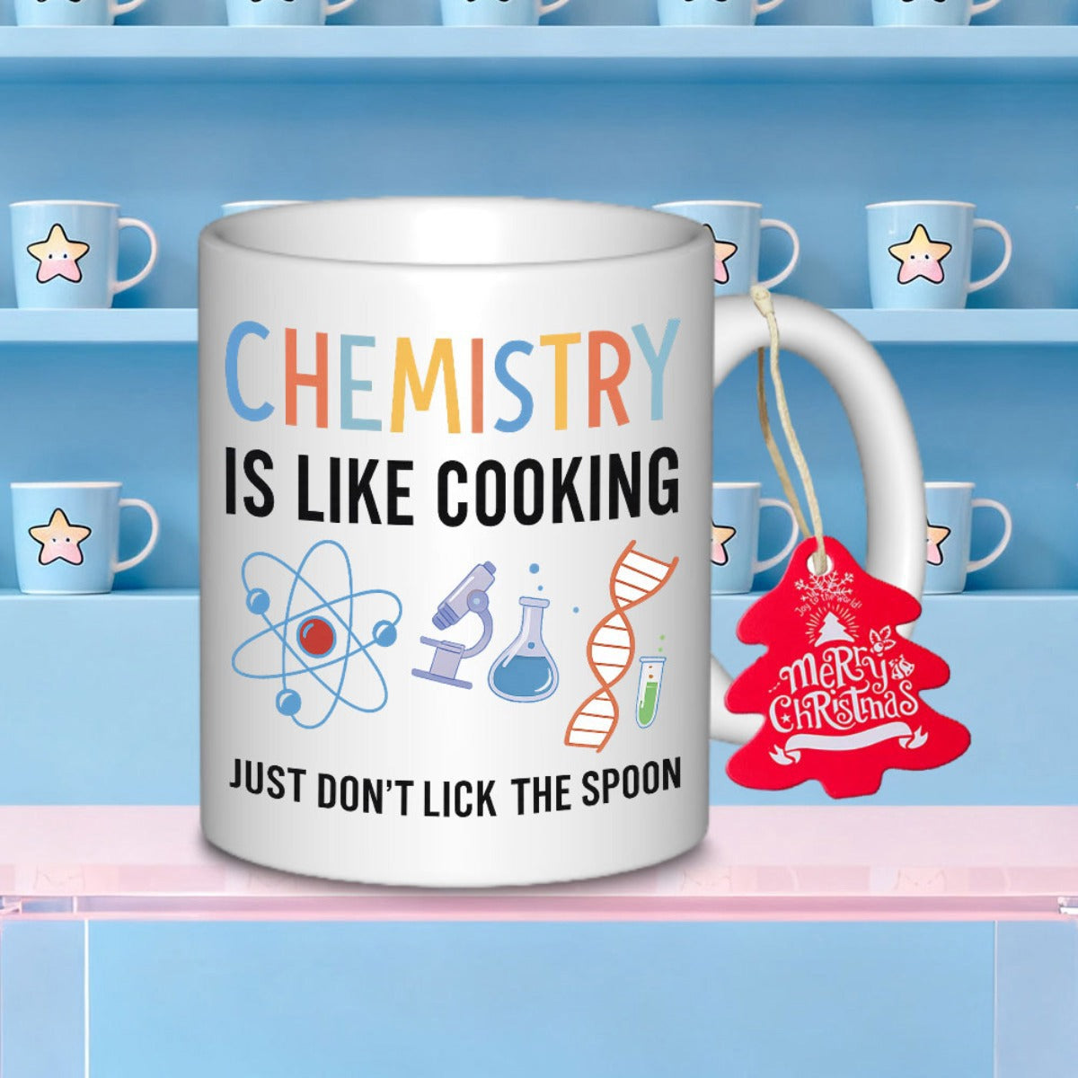 Tailorly White Ceramic 11 oz Mug - Chemistry Is Like Cooking Just Don't Lick The Spoon Scientific Symbols Featuring Atom Microscope And Genetic Dna Helix Mug