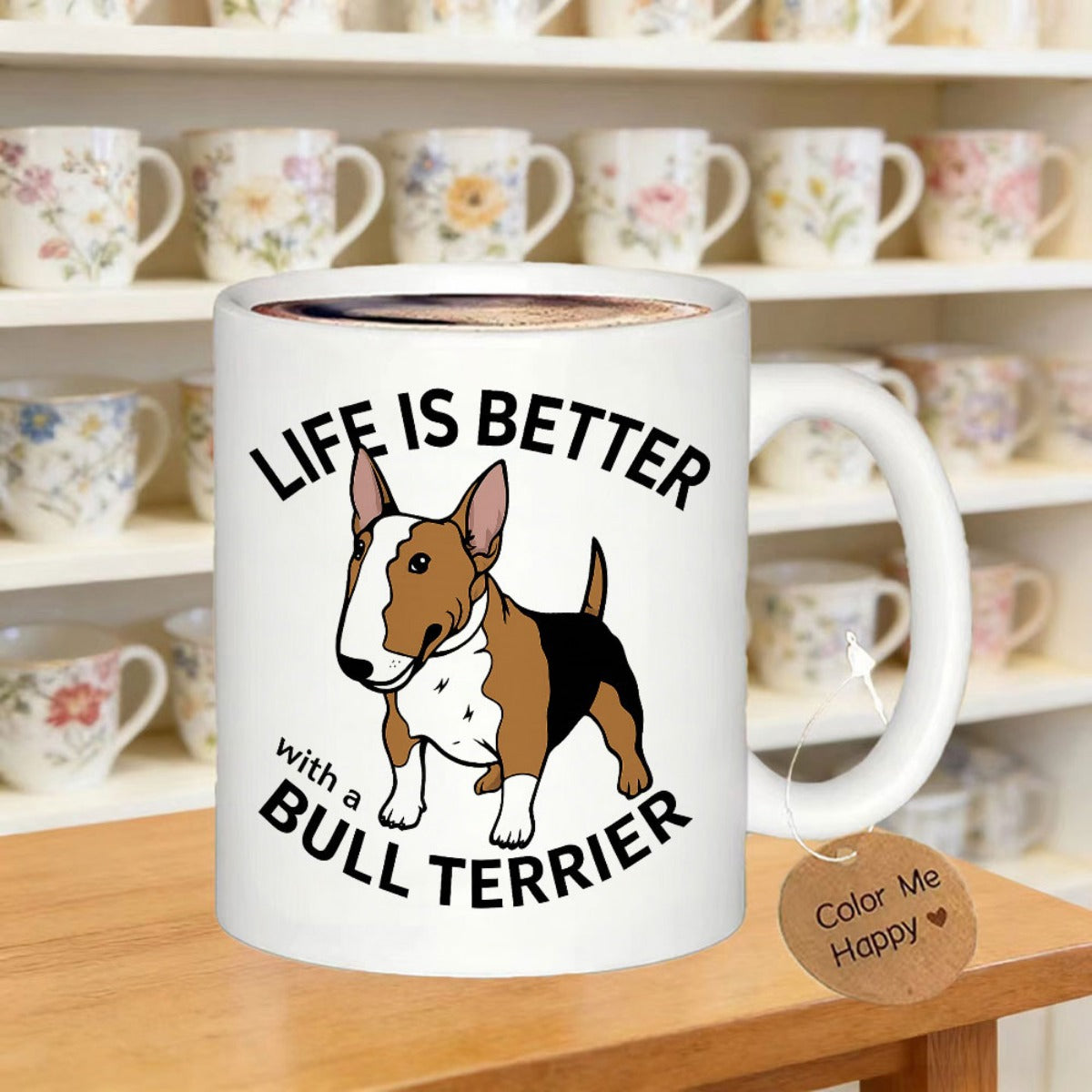 Tailorly White Ceramic 11 oz Mug - Life Is Better With A Bull Terrier Hand Drawn Standing Dog Featuring Charming Patch Markings And Alert Expression Bull Terrier
