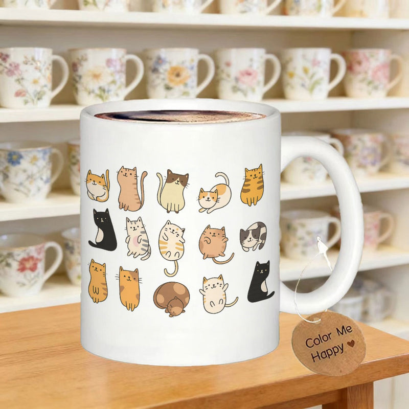 Tailorly White Ceramic 11 oz Mug - Color Me Happy Adorable Cartoon Kittens In Various Playful Poses And Colors Cat