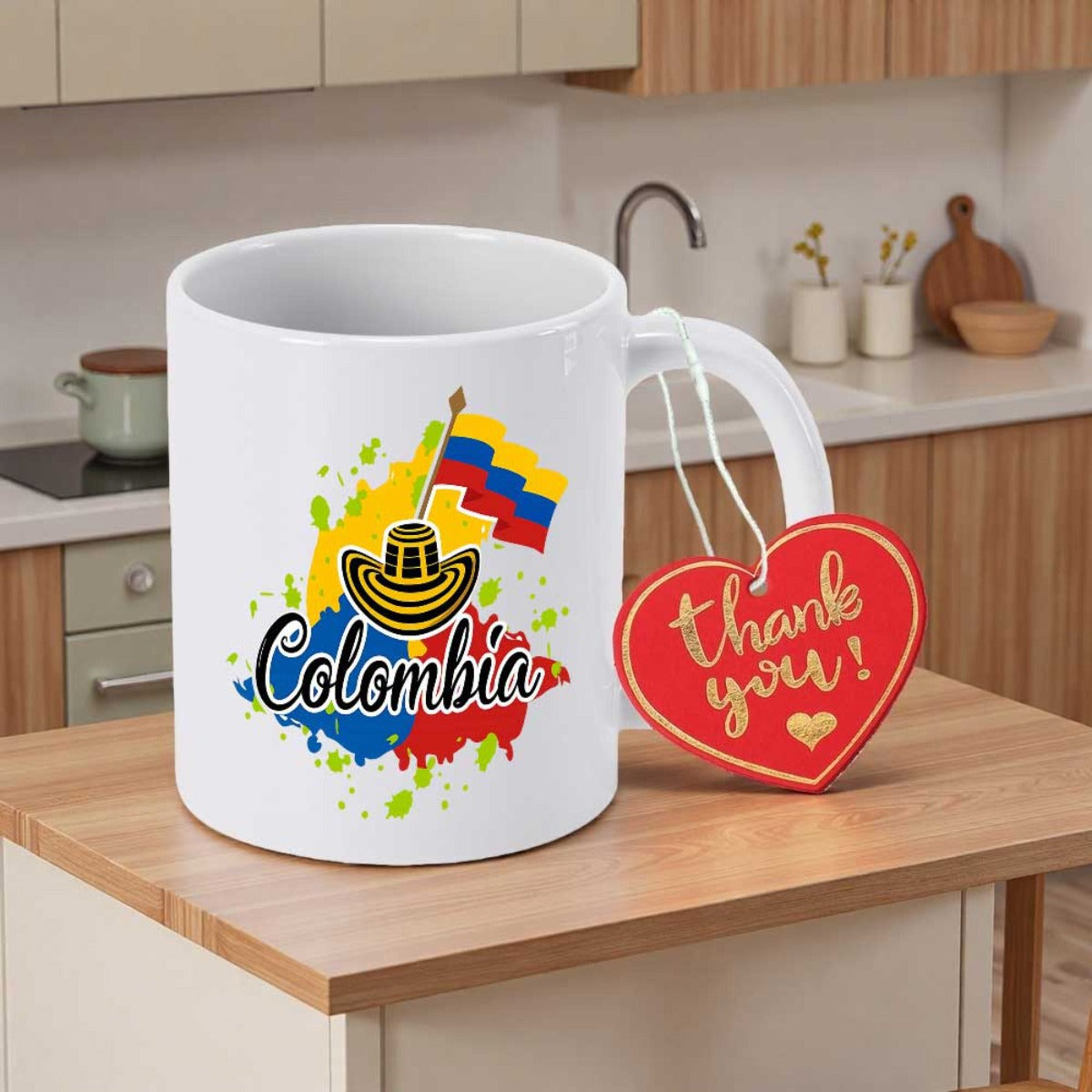 Tailorly White Ceramic 11 oz Mug - Colombia Traditional Cultural Hat With Colorful Splatters Behind A Waving National Flag