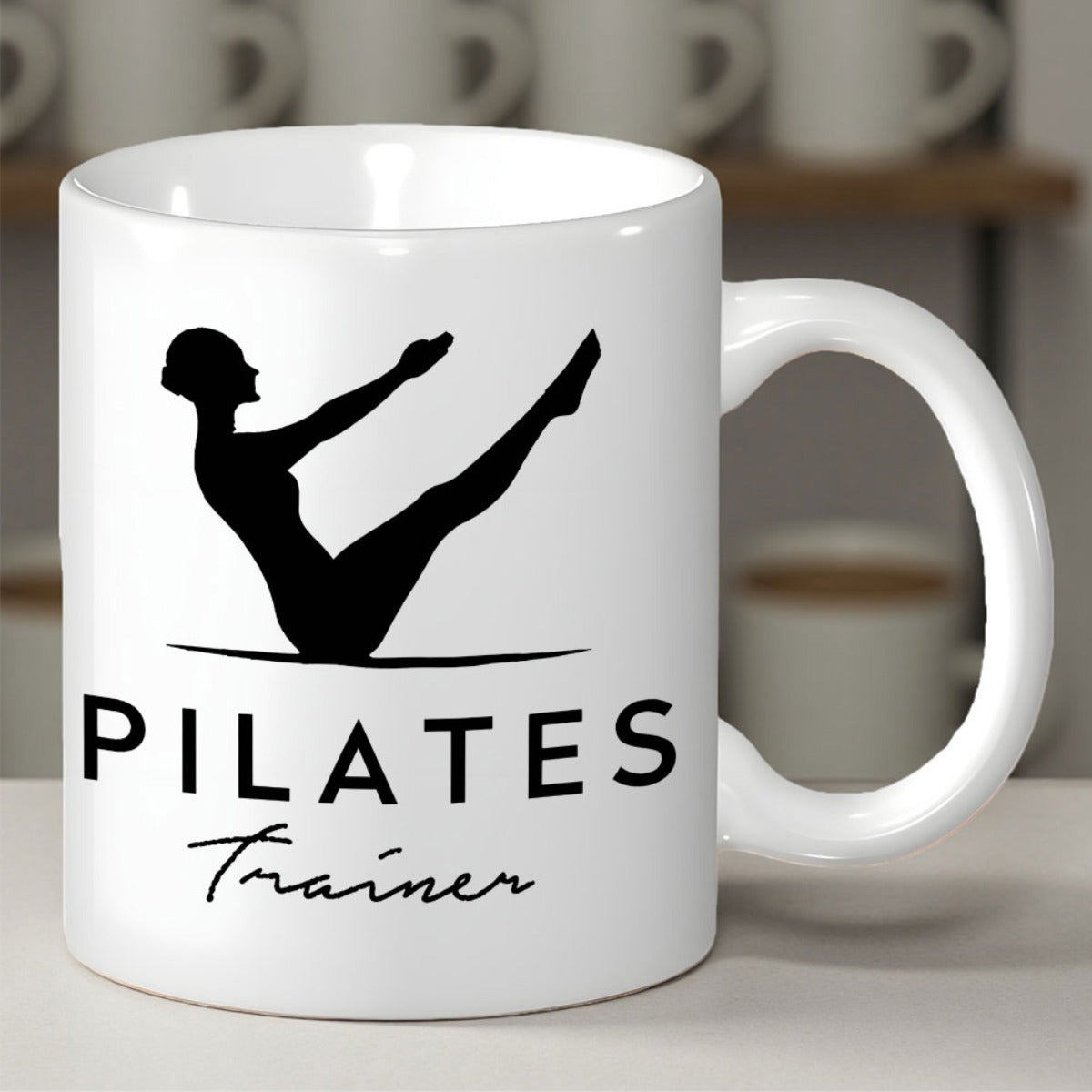 Tailorly White Ceramic 11 oz Mug - Pilates Trainer Elegant Minimalist Black Silhouette Performing Core Strengthening Balance Exercise Silhouette