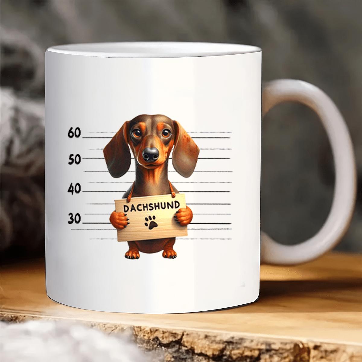 Tailorly White Ceramic 11 oz Mug - Dachshund Cute Brown Puppy Holding Sign Standing Against Height Scale Dachshund